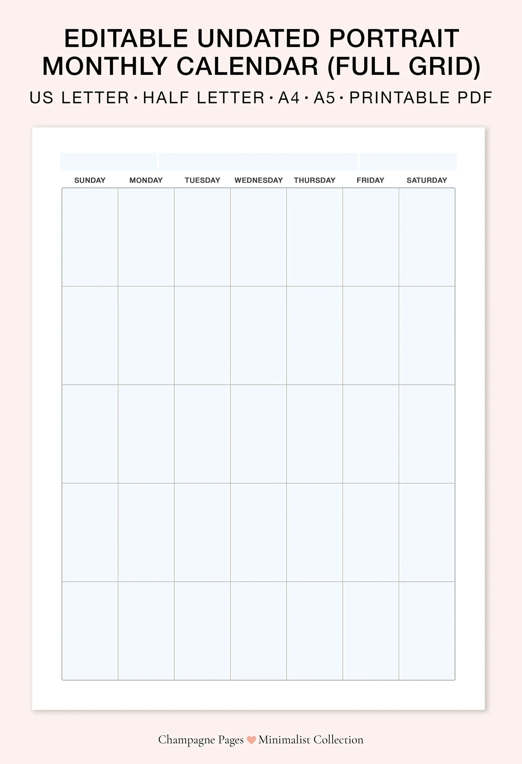 Portrait Editable fillable Monthly Calendar Printable Blank 