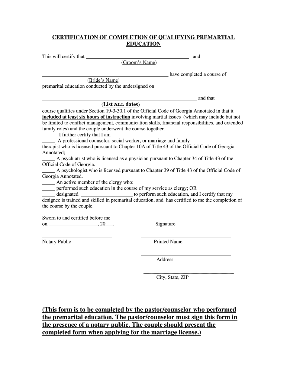 Premarital Counseling Certificate Of Completion Printable Blank 