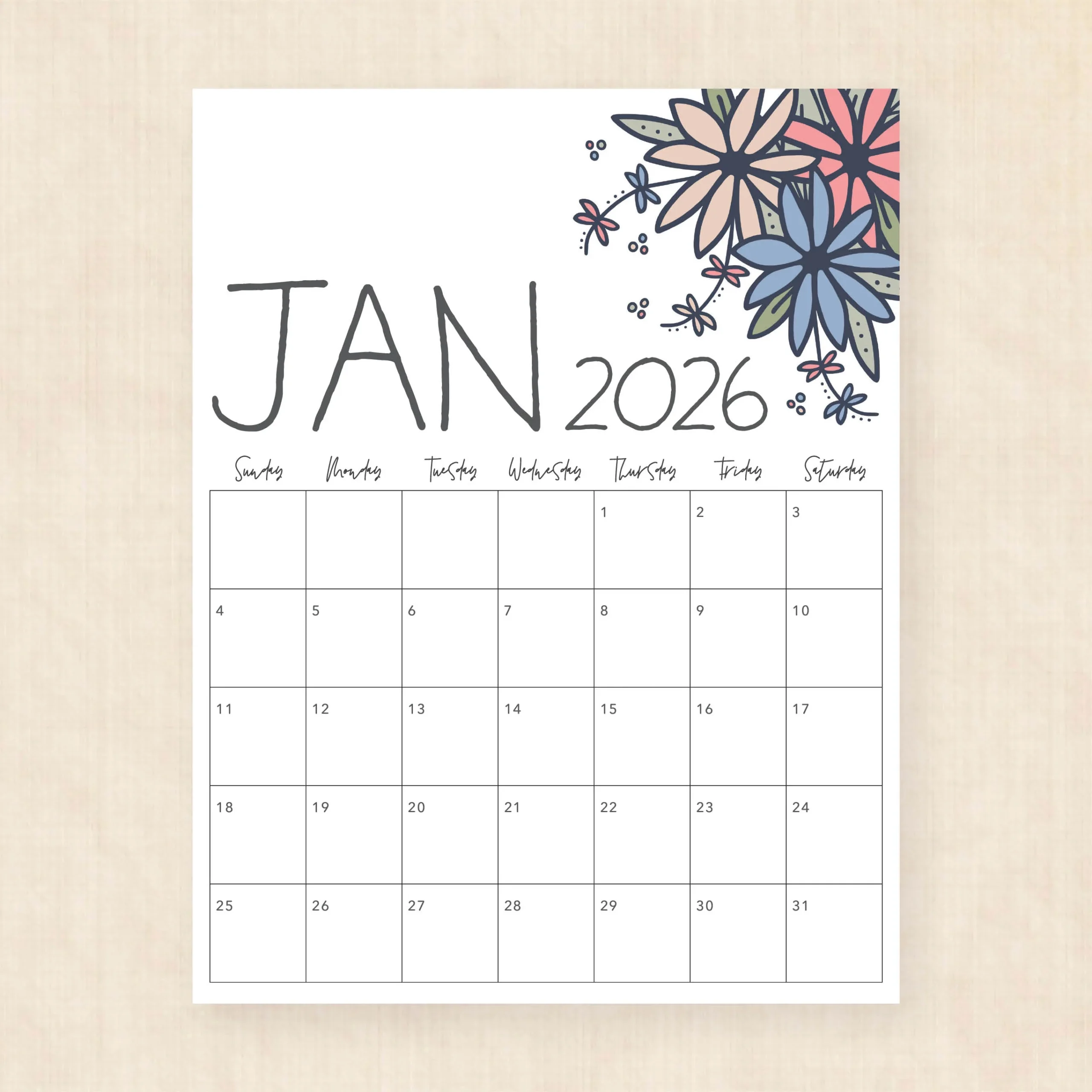 Printable 2026 Calendar Dapper Daisies