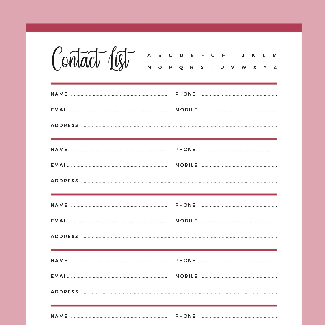 Printable Address Book US Letter And A4 Size PDF Instant 