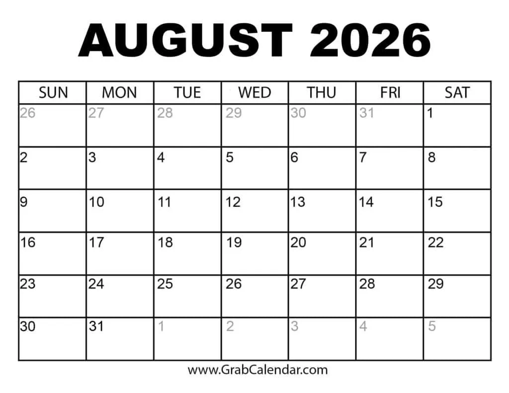 Blank Calendar Printable August 2026
