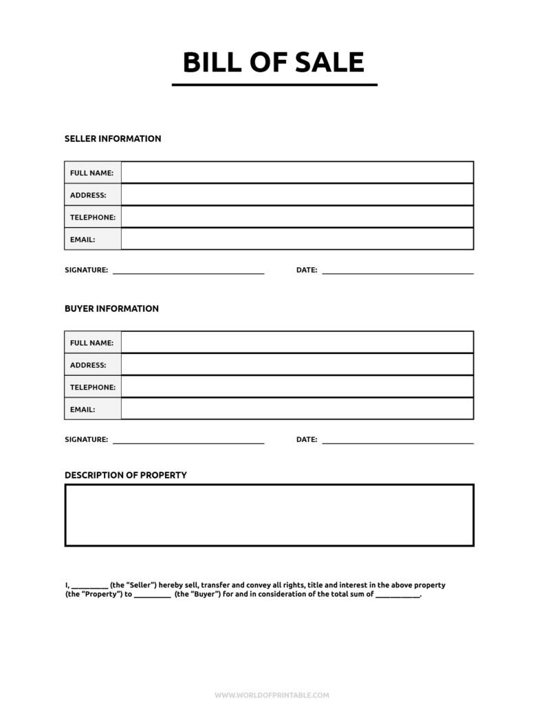 Blank Printable Bill Of Sale