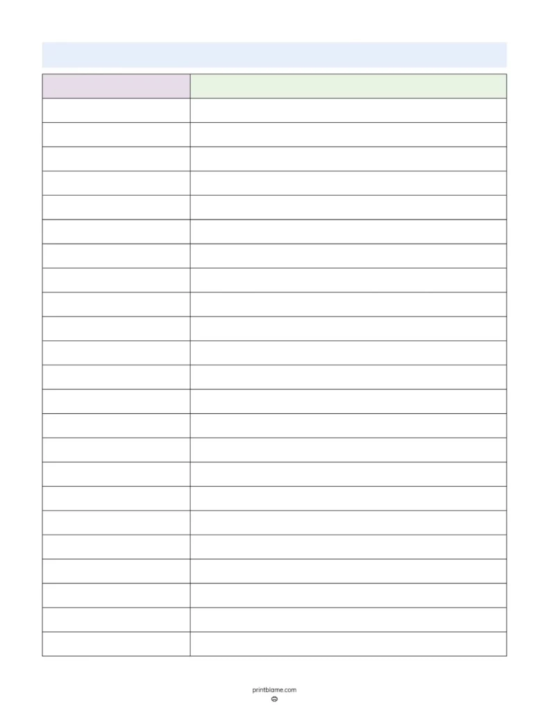 Printable Blank 2 Column Chart Template FREE Tables PDF