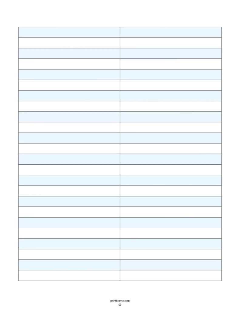 Printable Blank 2 Column Chart Template FREE Tables PDF