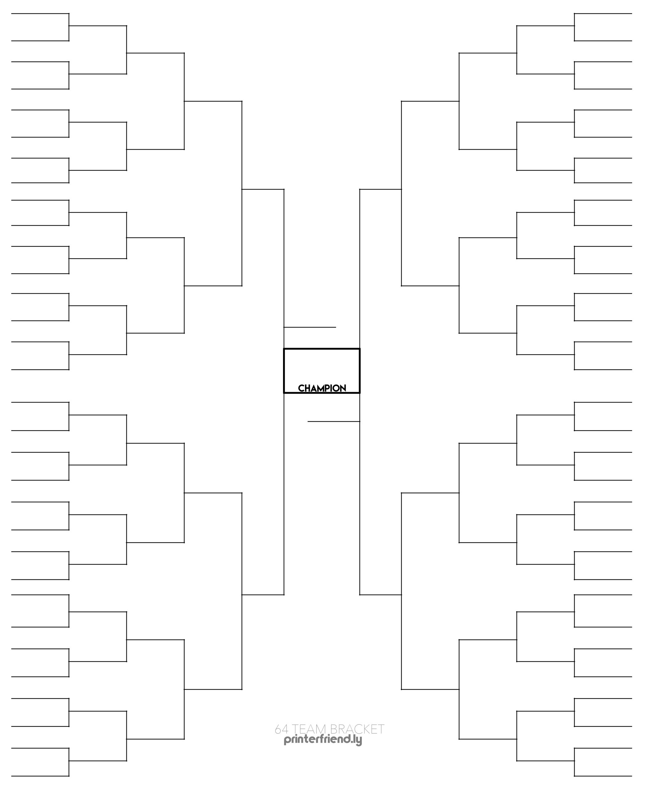 Printable Blank 64 team Bracket For Single elimination 