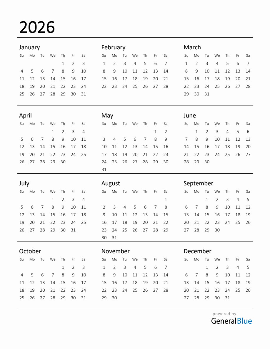 Blank 2026 Calendars Printable Template