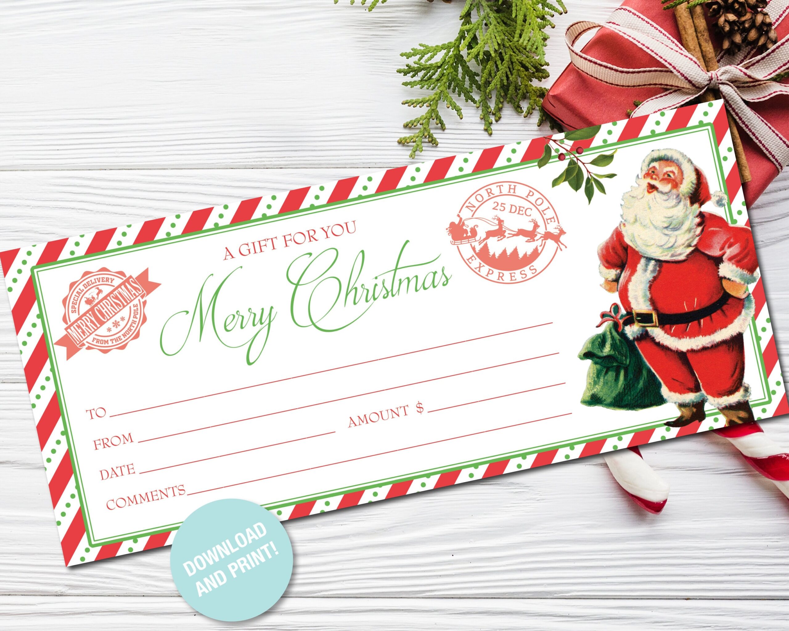 Printable Christmas Gift Certificate Santa Gift Voucher Gift 