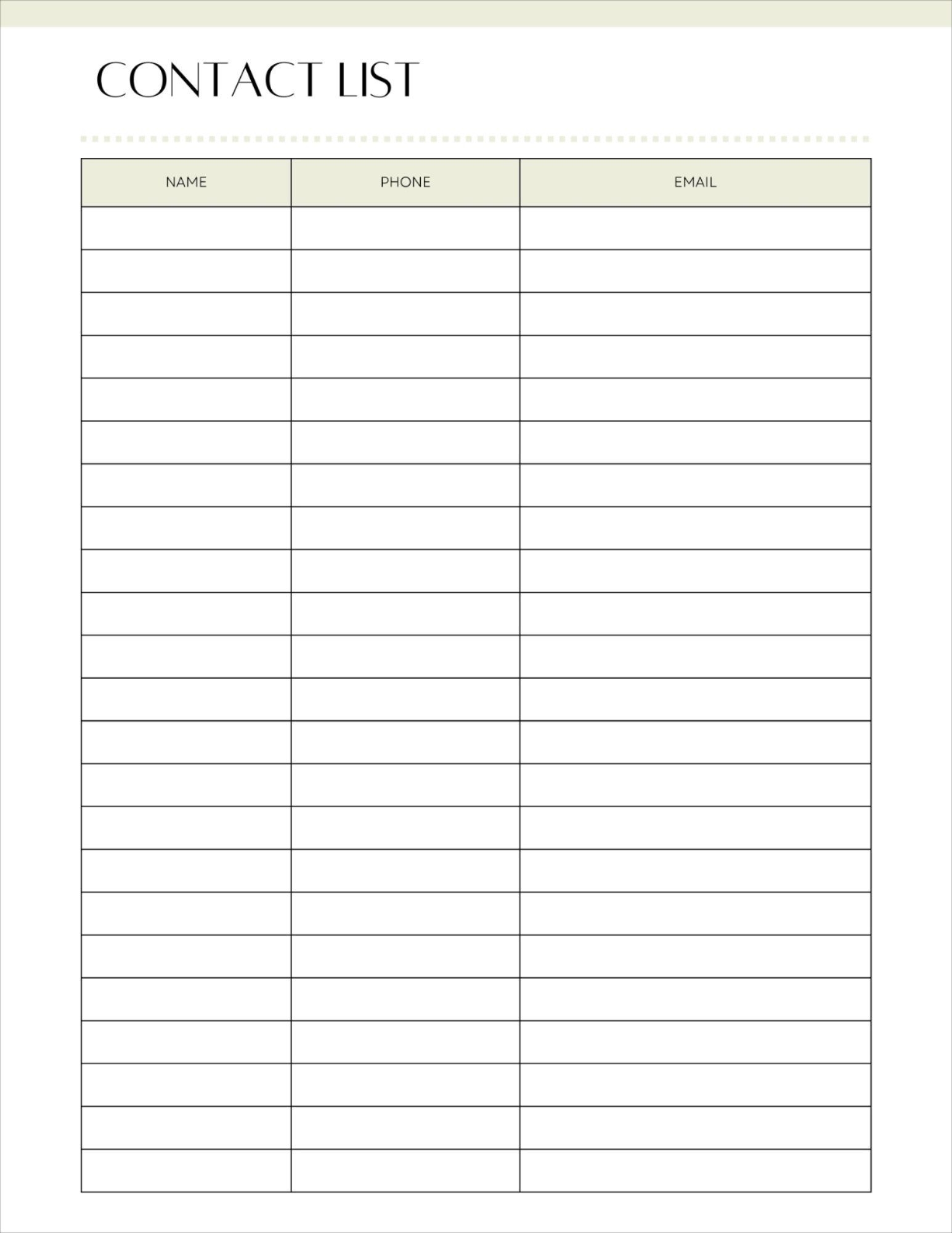 Blank Phone List Printable