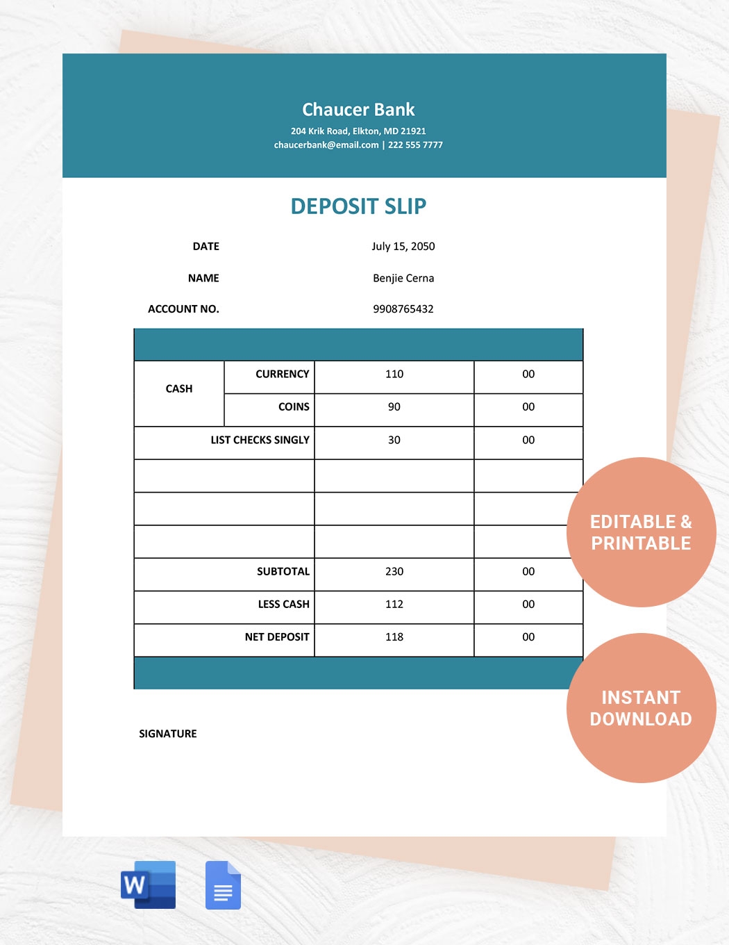 Blank Deposit Slip Printable