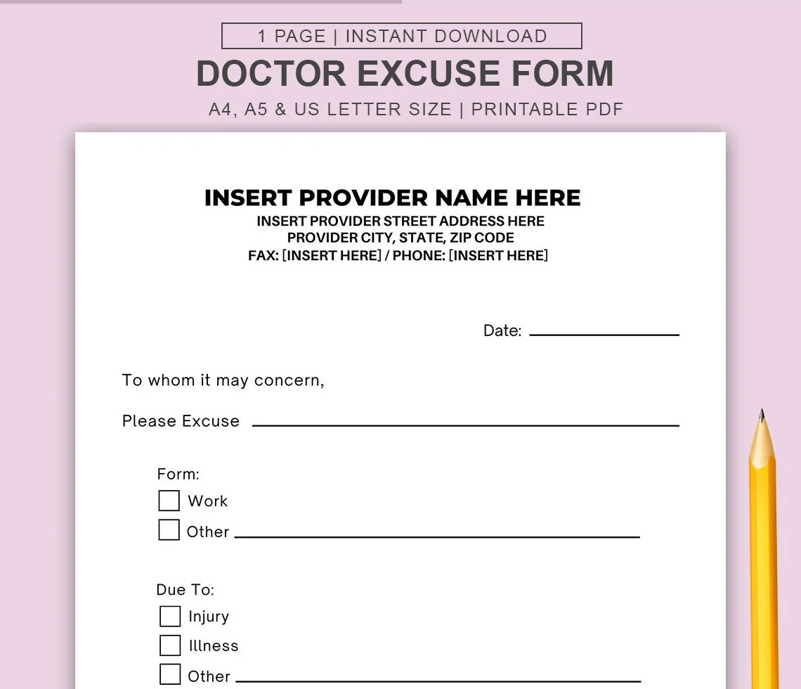 Printable Doctor Excuse Template Medical Office Forms Work 