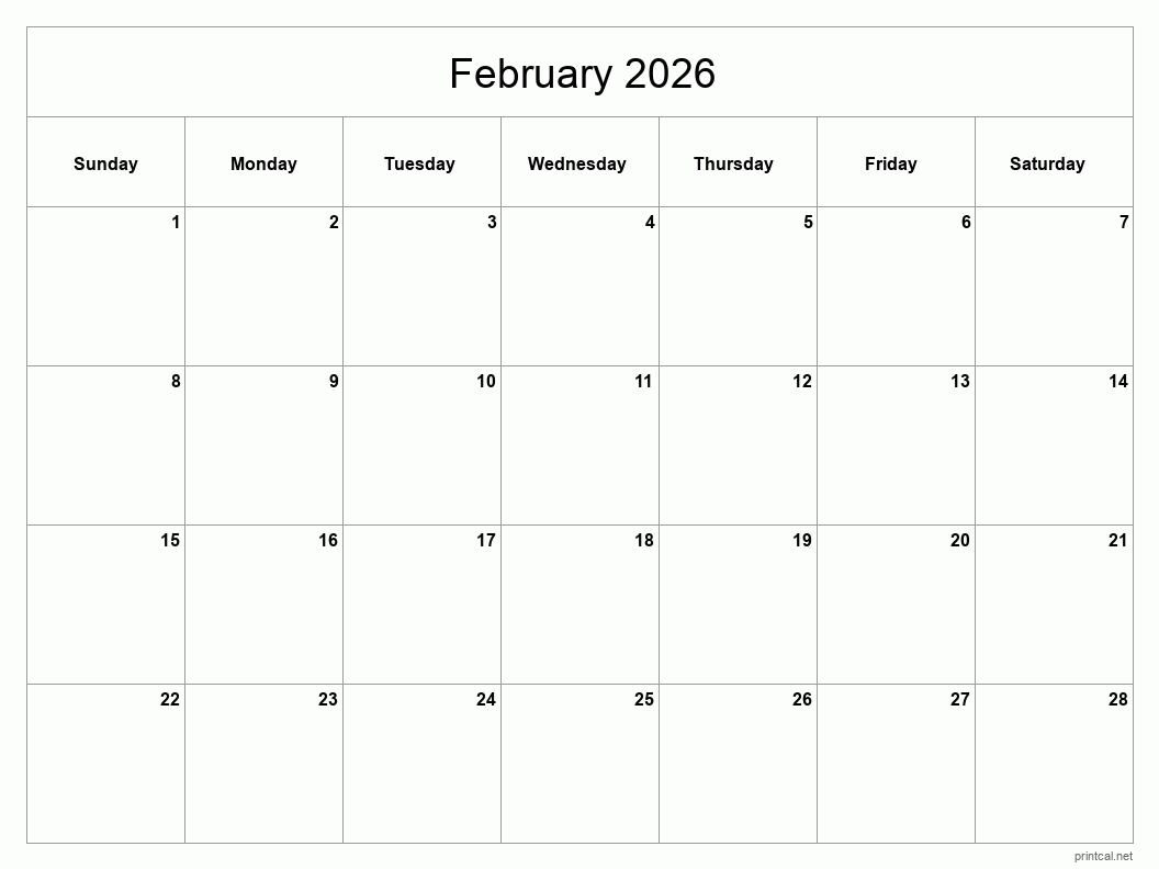 Printable February 2026 Calendar Classic Blank Sheet