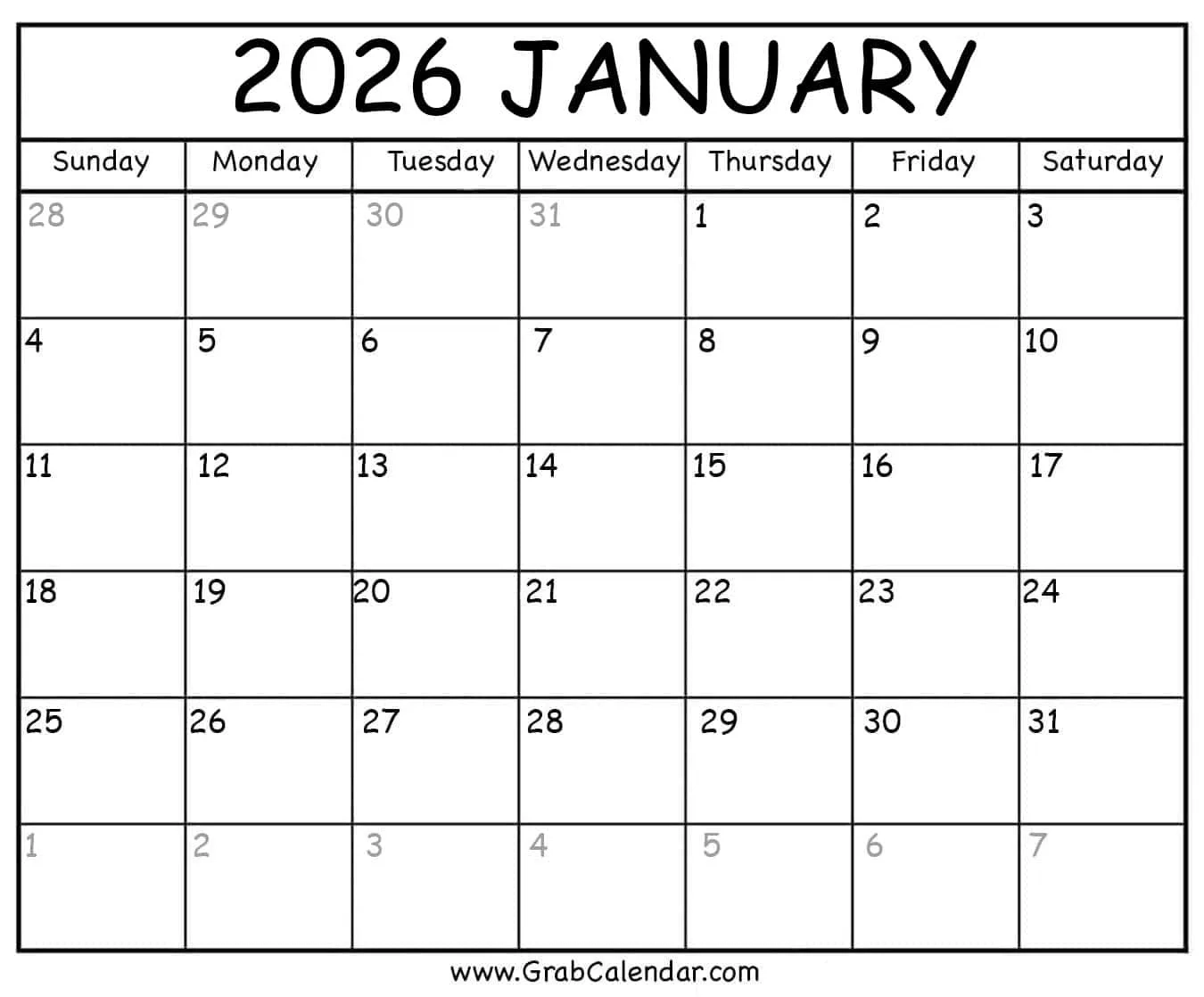 Printable Blank Calendar Pages 2026