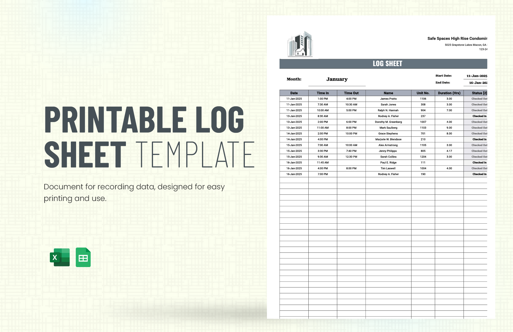 Printable Log Sheet Template In Excel Google Sheets Download 