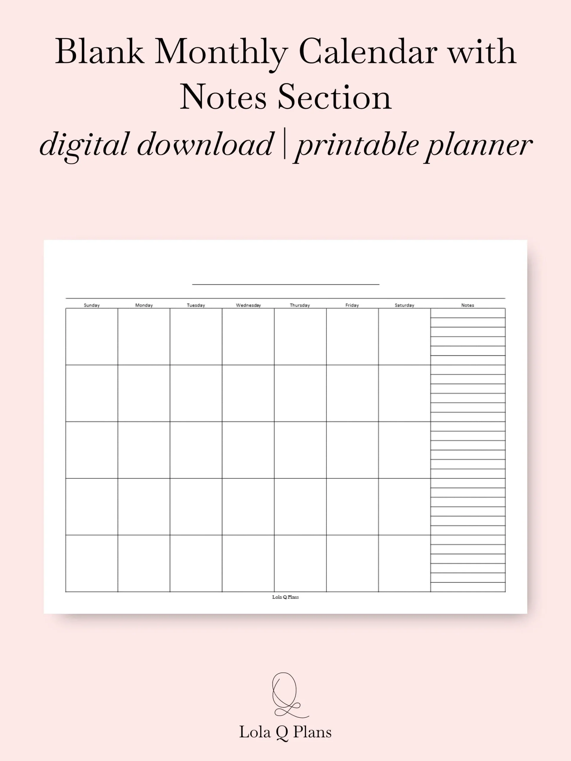 Blank Calendar With Notes Printable