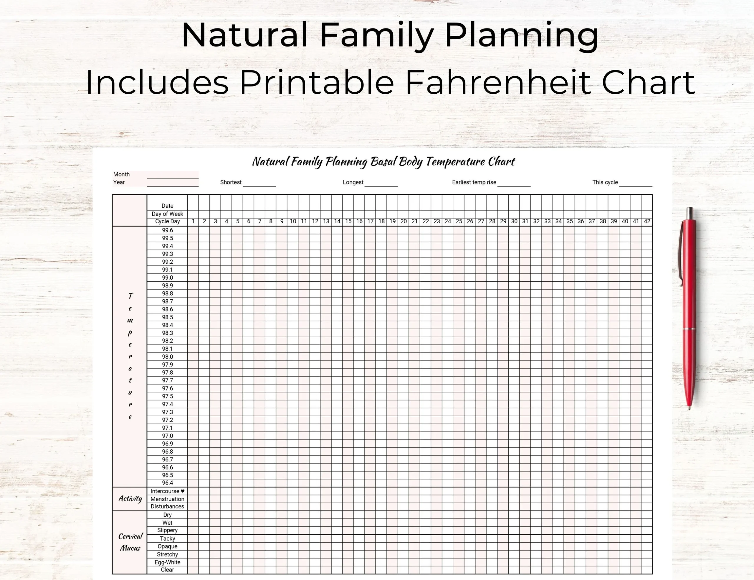Printable Natural Family Planning NFP Basal Body Temperature 