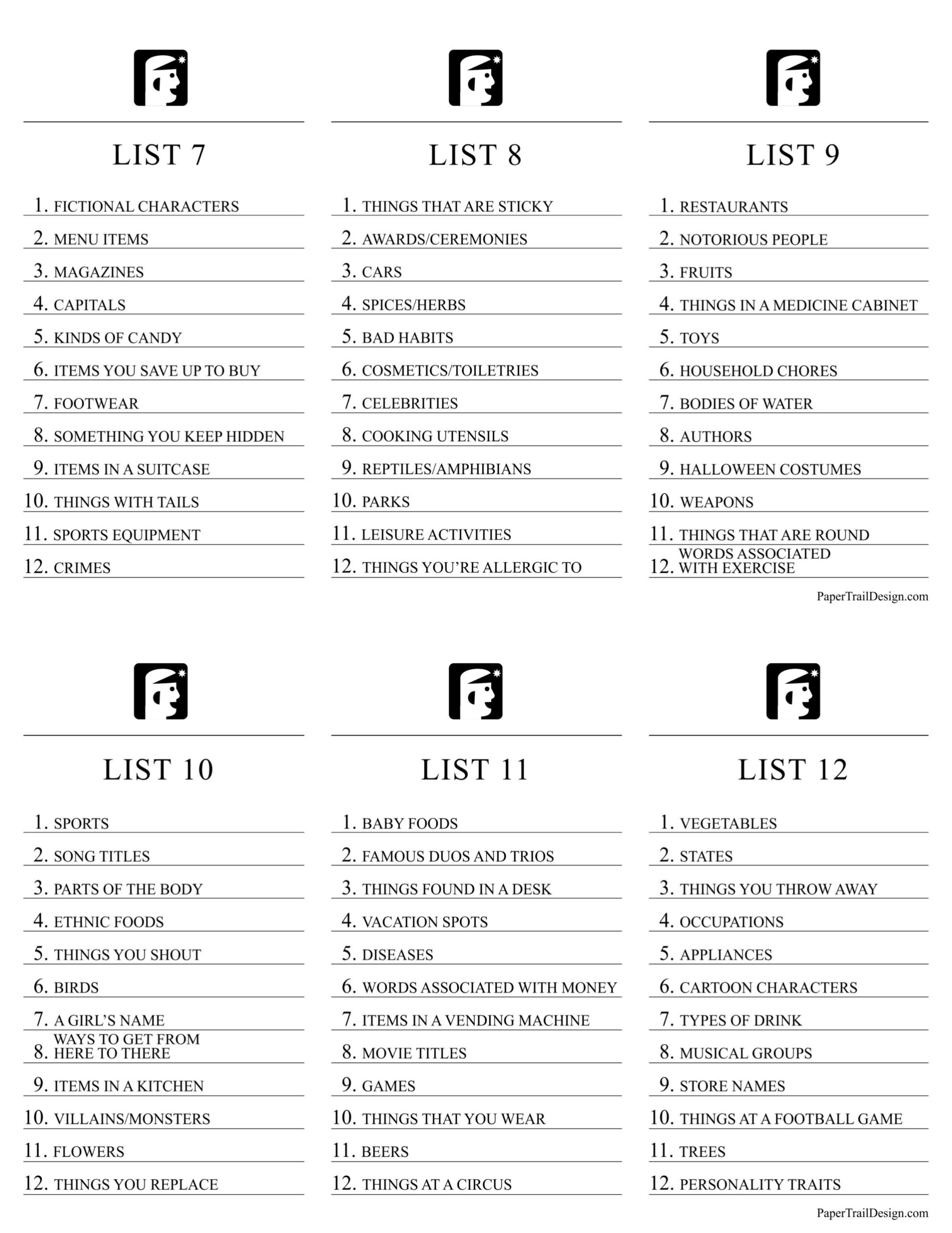 Printable Scattergories Game Paper Trail Design