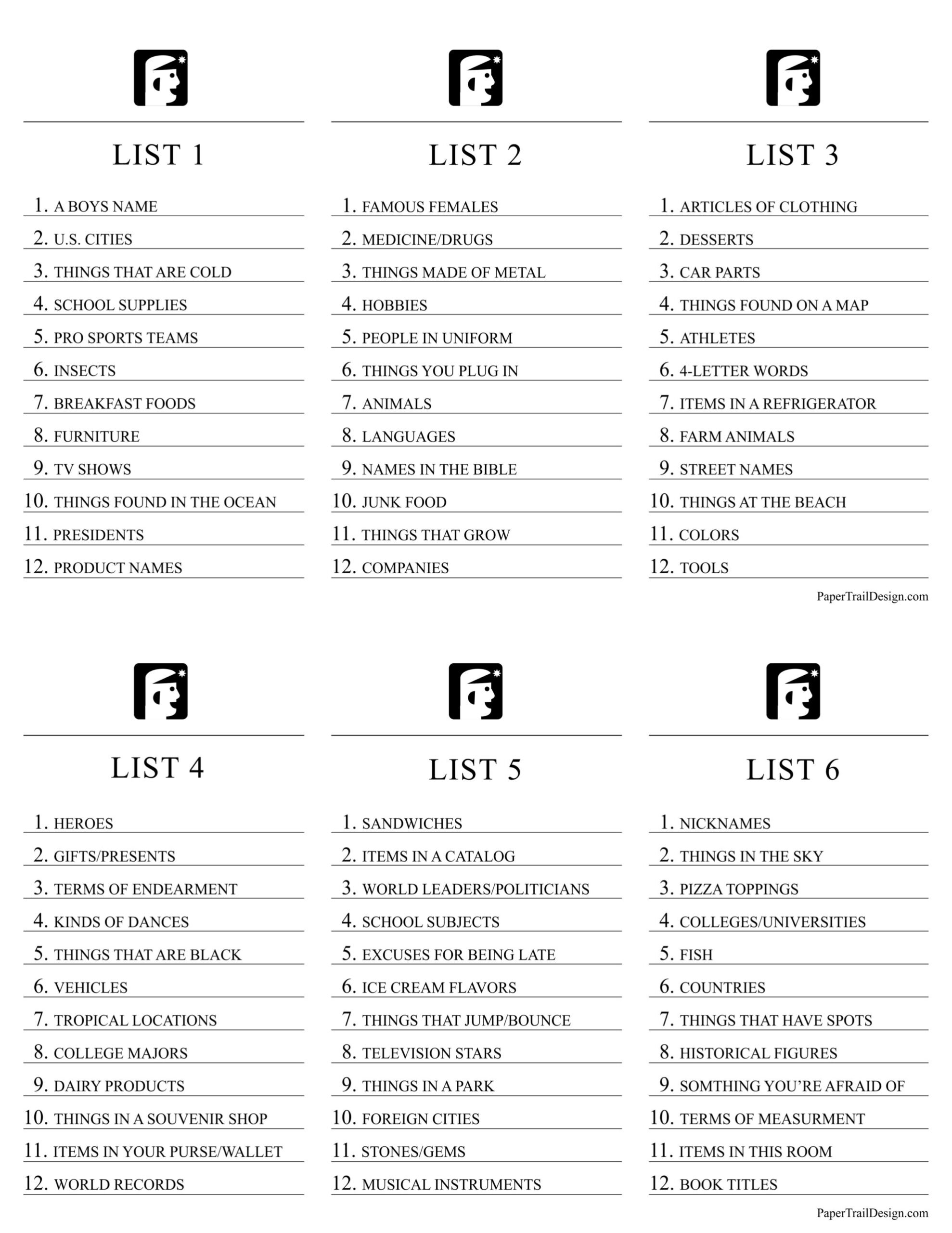 Free Blank Printable Scattergories Sheets