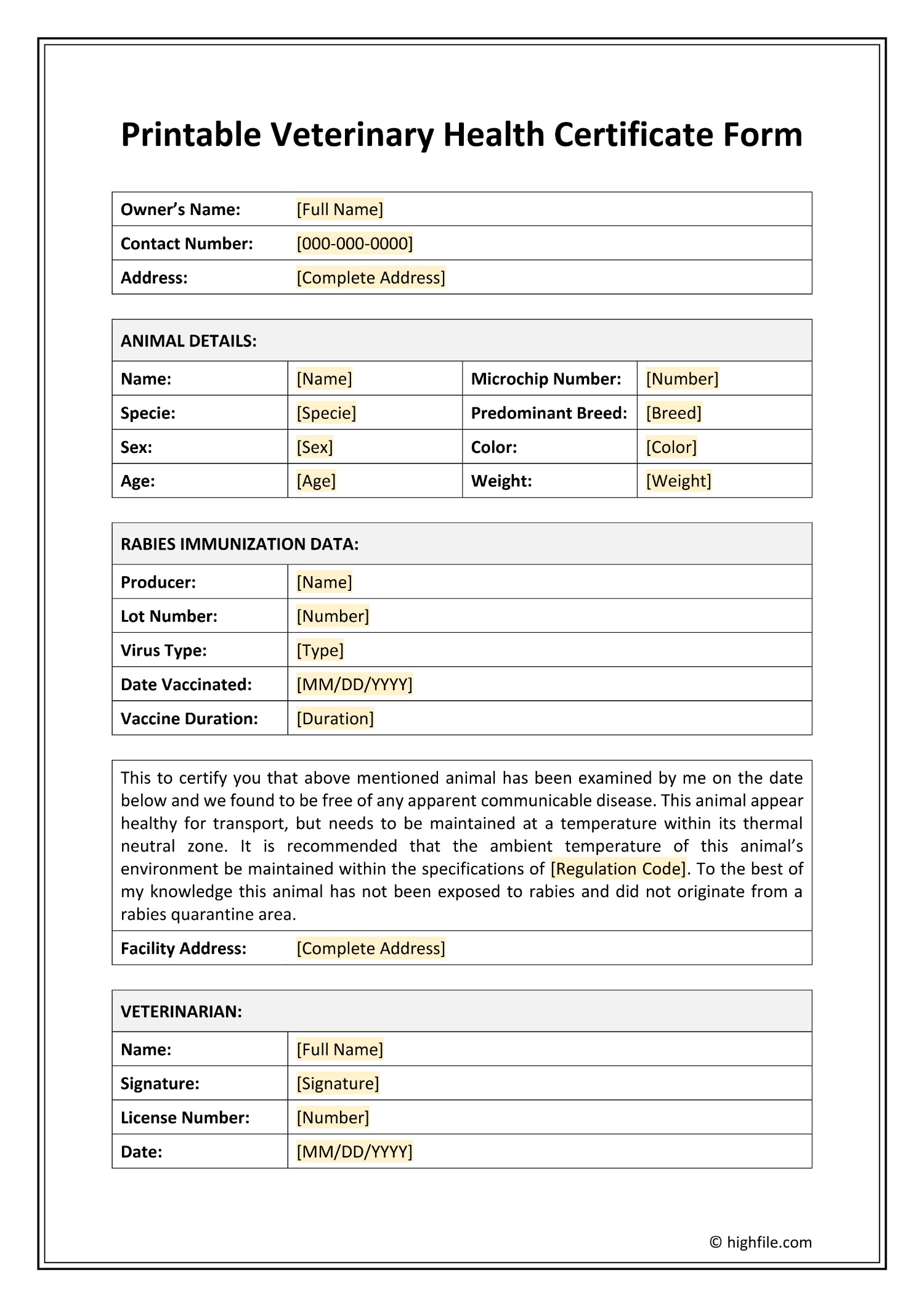 Blank Printable Animal Health Forms