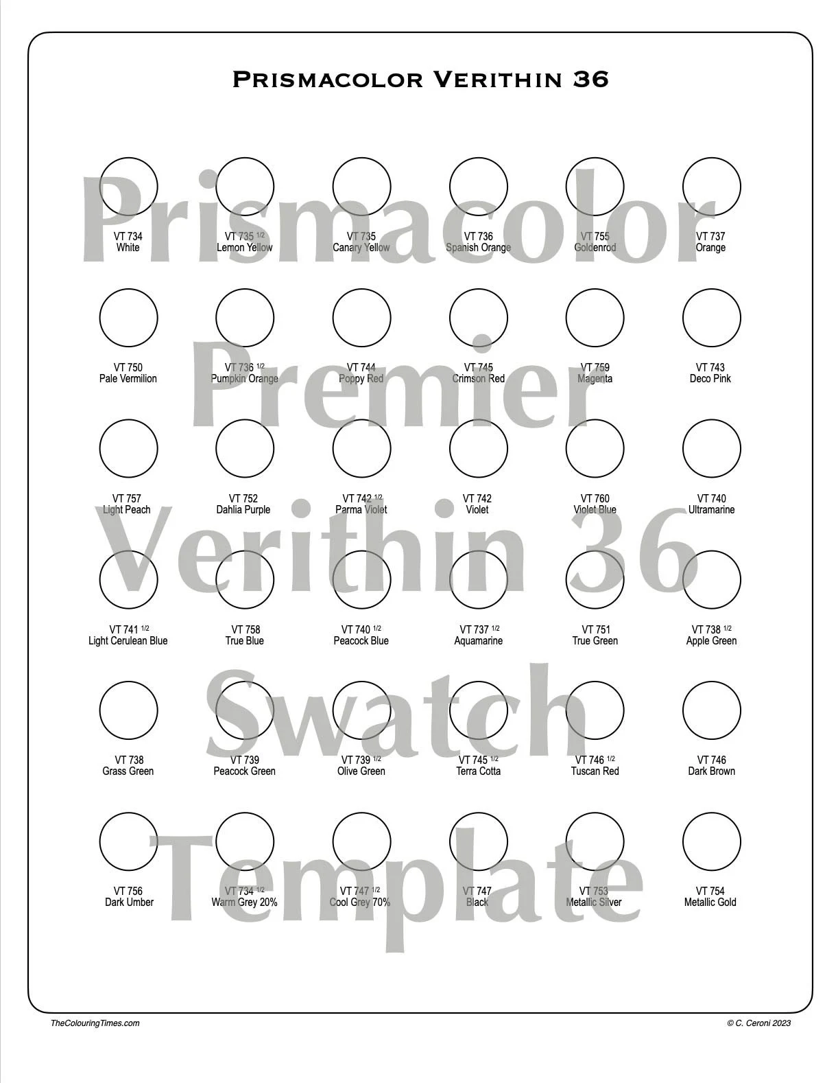 Prismacolor Verithin 36 Swatch Template CLASSIC Farben PDF Blank 