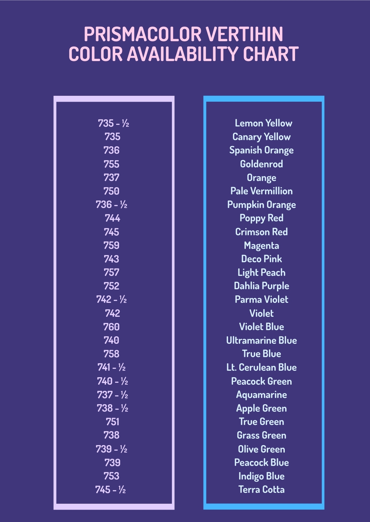 Prismacolor Verithin Color Availability Chart In PDF Illustrator 
