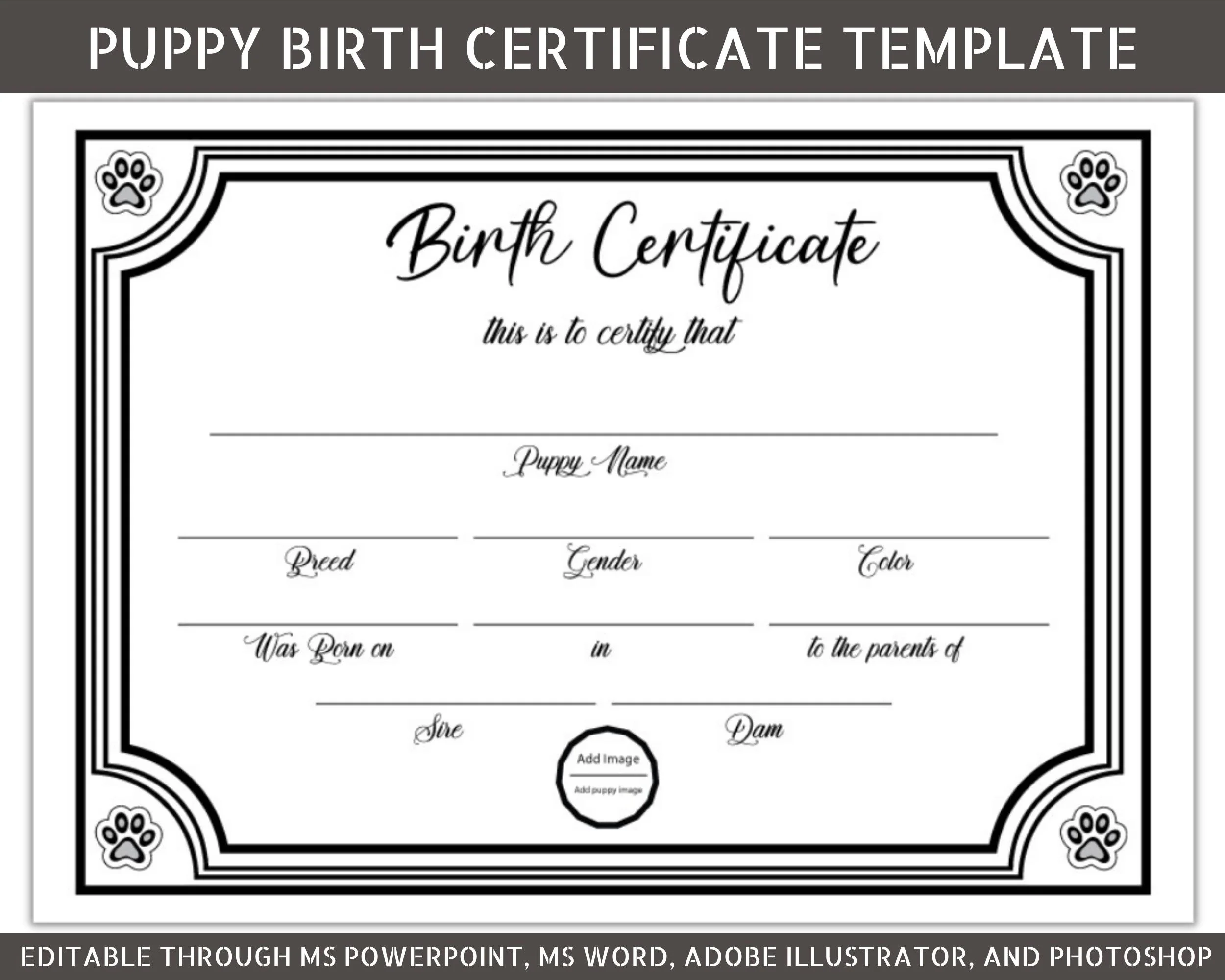 Puppy Birth Certificate Template Pet Adoption Keepsake digital 