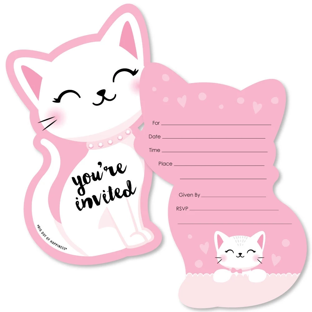 Purr fect Kitty Cat Shaped Fill In Invitations Kitten Meow 