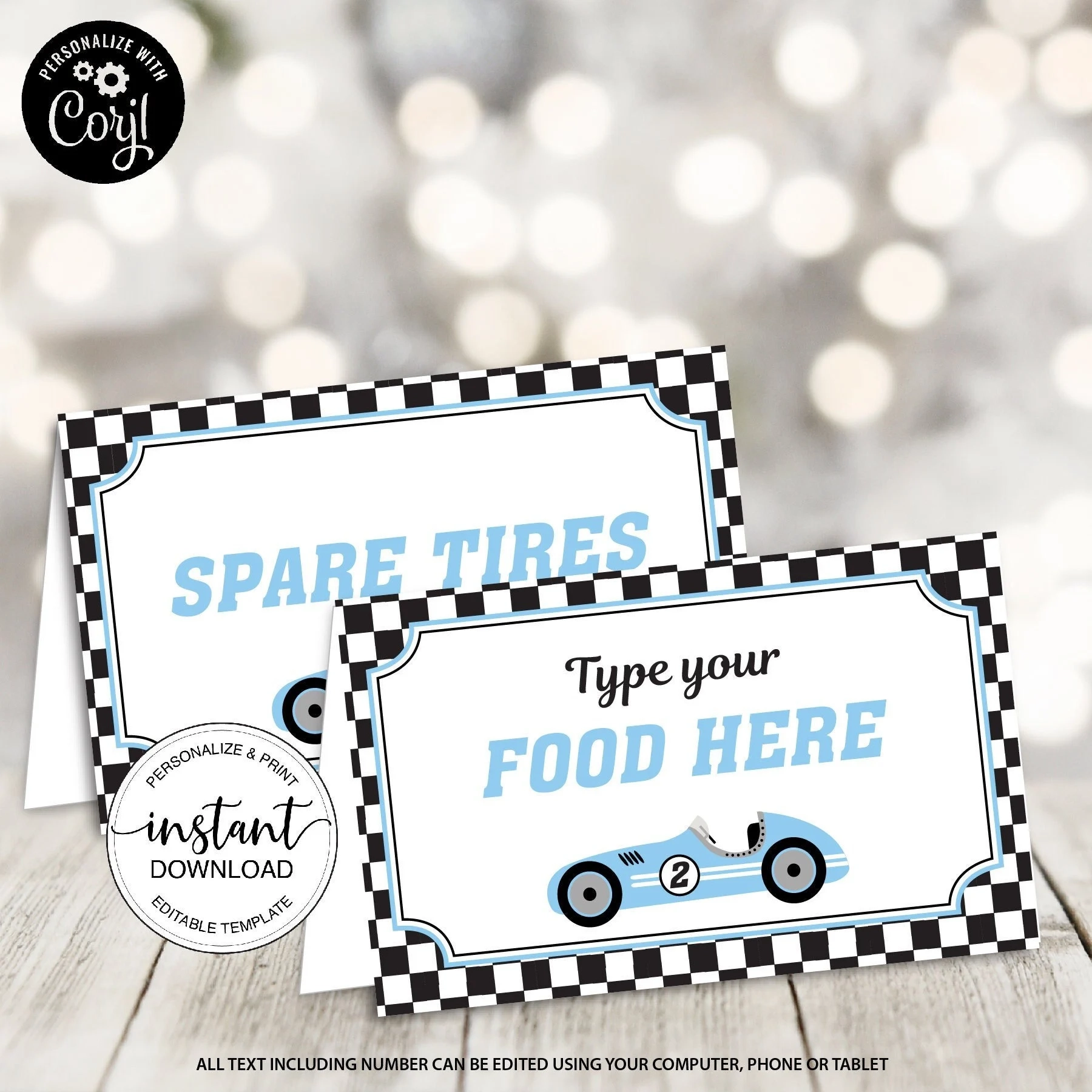 Race Car Food Tent Labels Editable Template Blue Vintage Race Car 