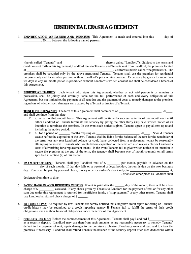 Blank Printable Residential Lease