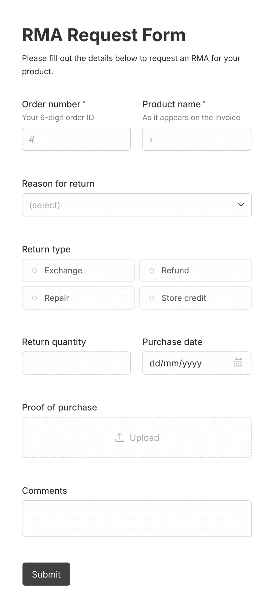 Return Merchandise Authorization RMA Form Template