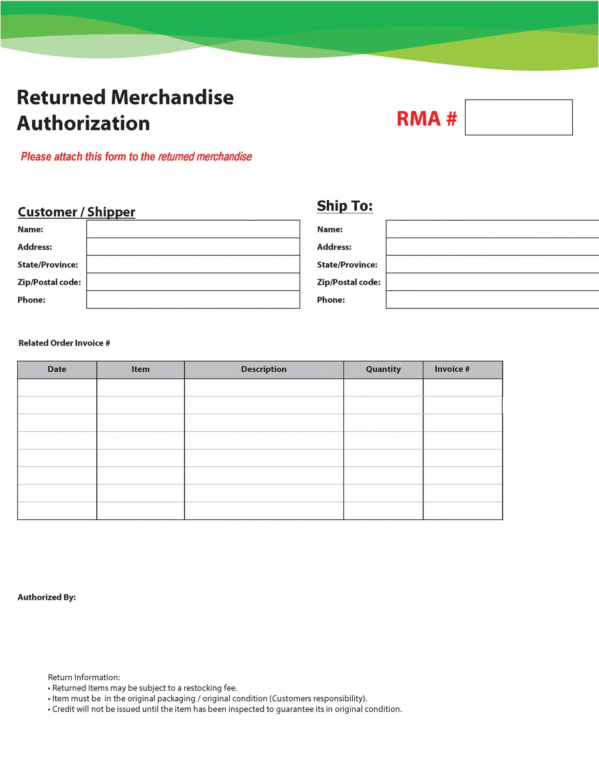 RMA Form Returned Merchandise Authorization Form Fillable PDF 