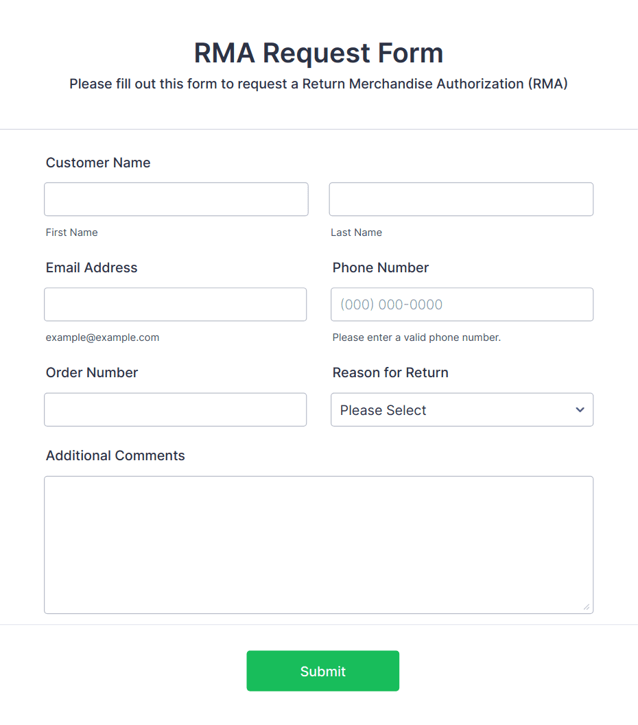 RMA Request Form Template Jotform