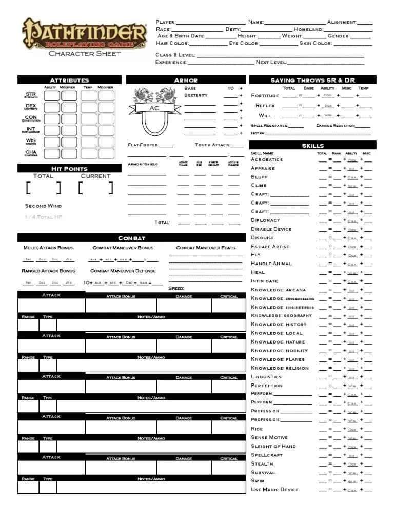 Printable Blank Pathfinder Character Sheet