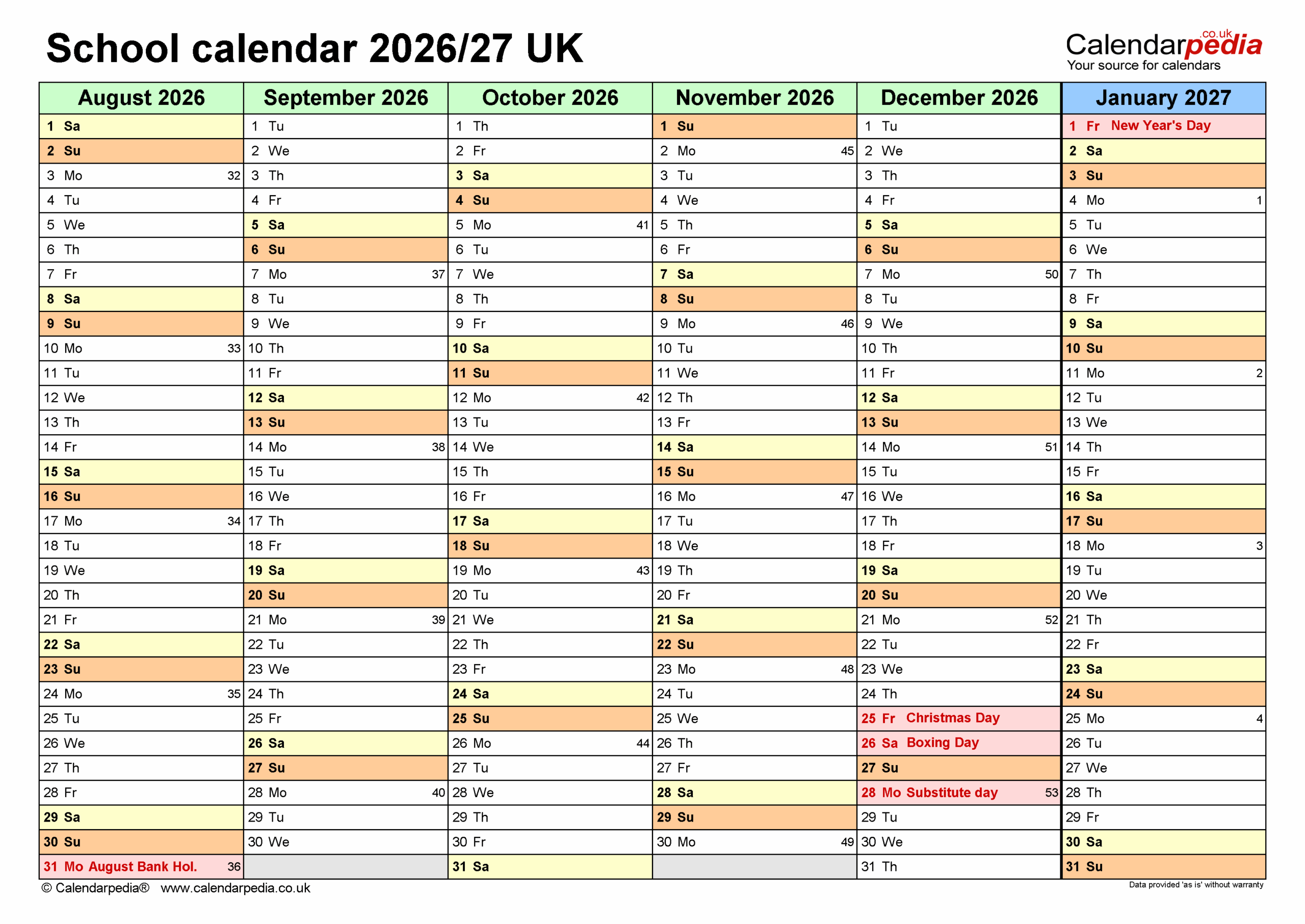 2026-2027 Blank Printable School Calendar