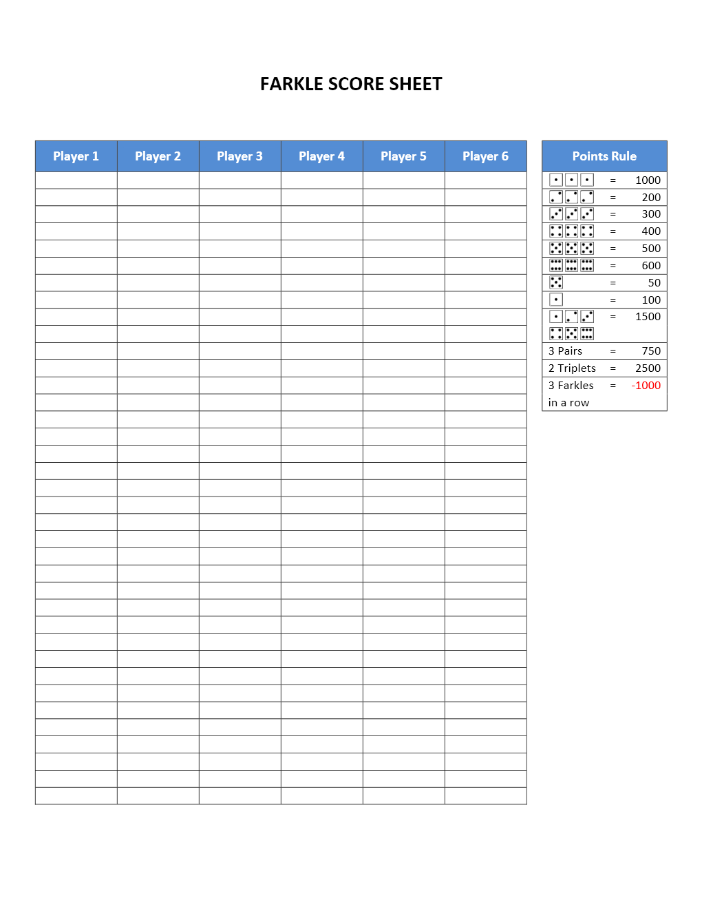 Blank Printable Score Sheet