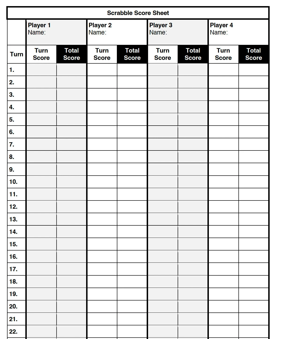 Blank Printable Score List