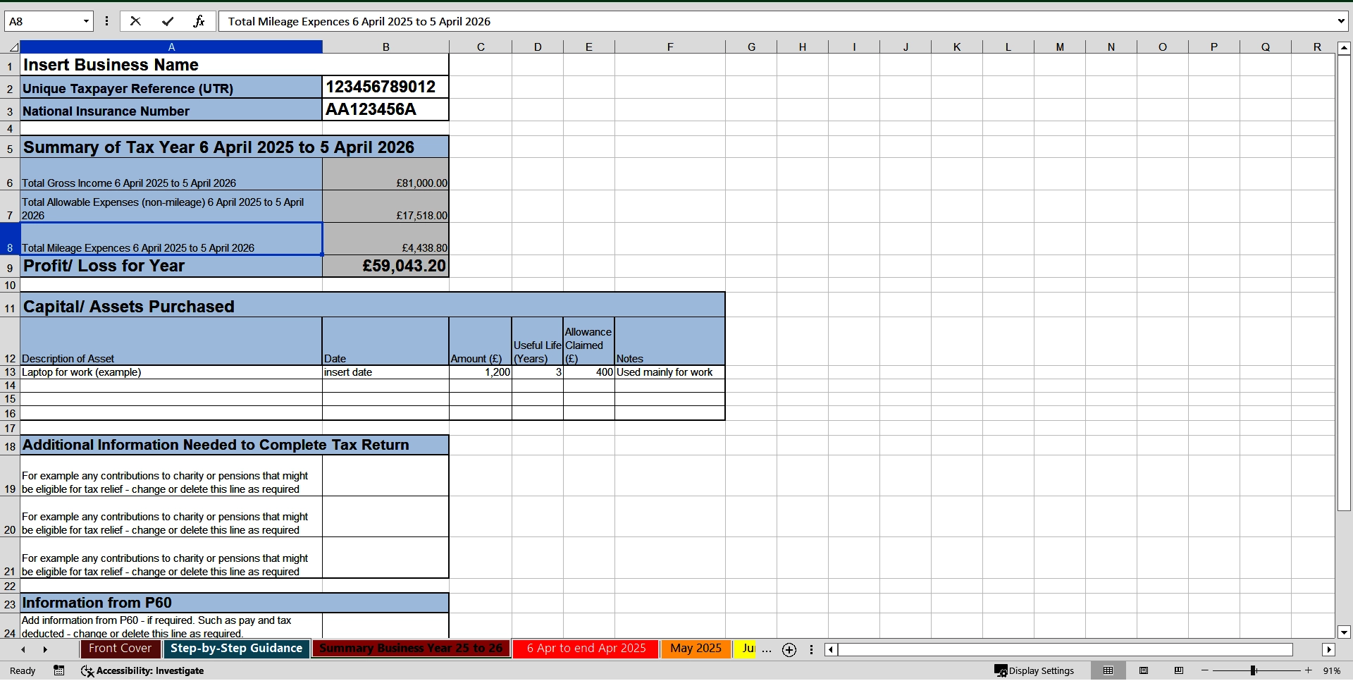 Self Assessment Tax Return Template For Tax Year 25 26 UK Excel XLS
