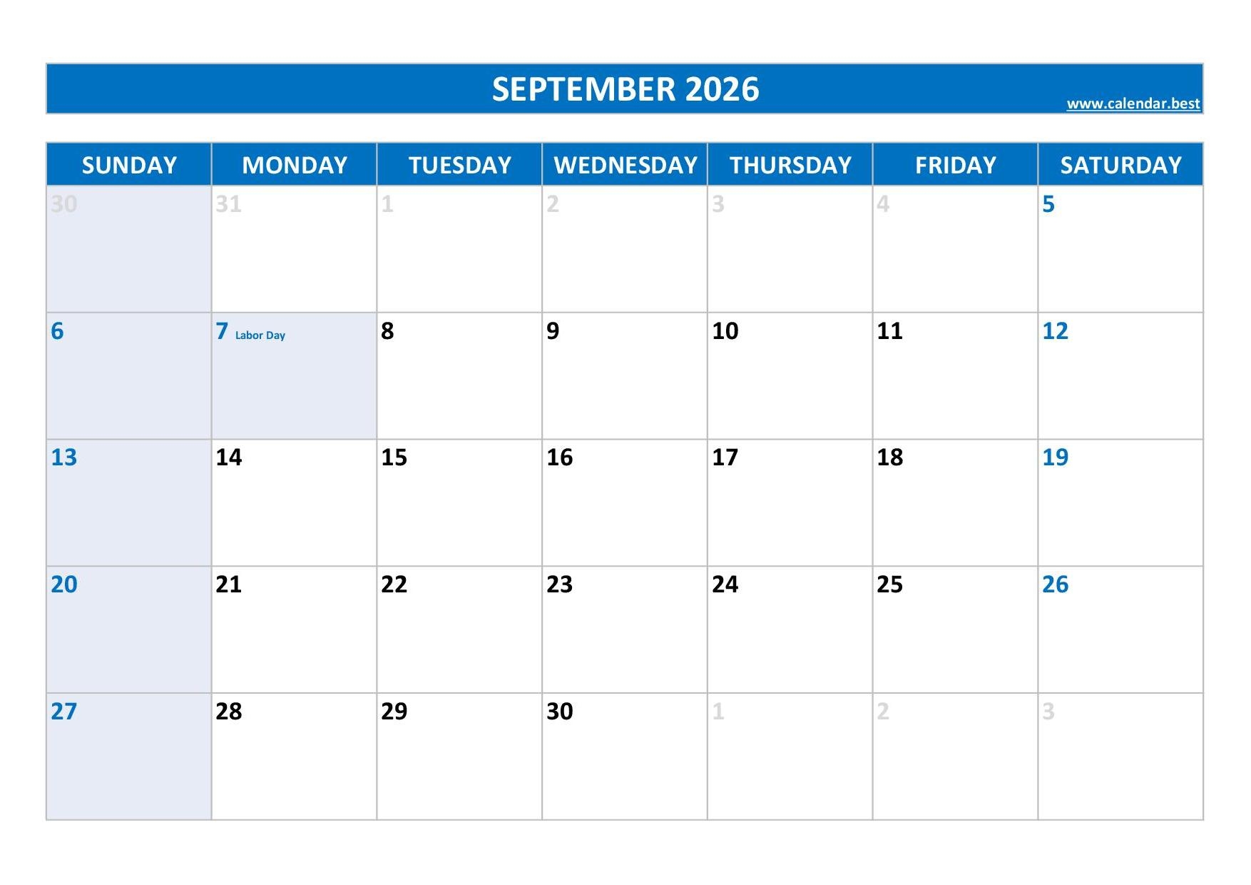 Blank September 2026 Printable Calendars