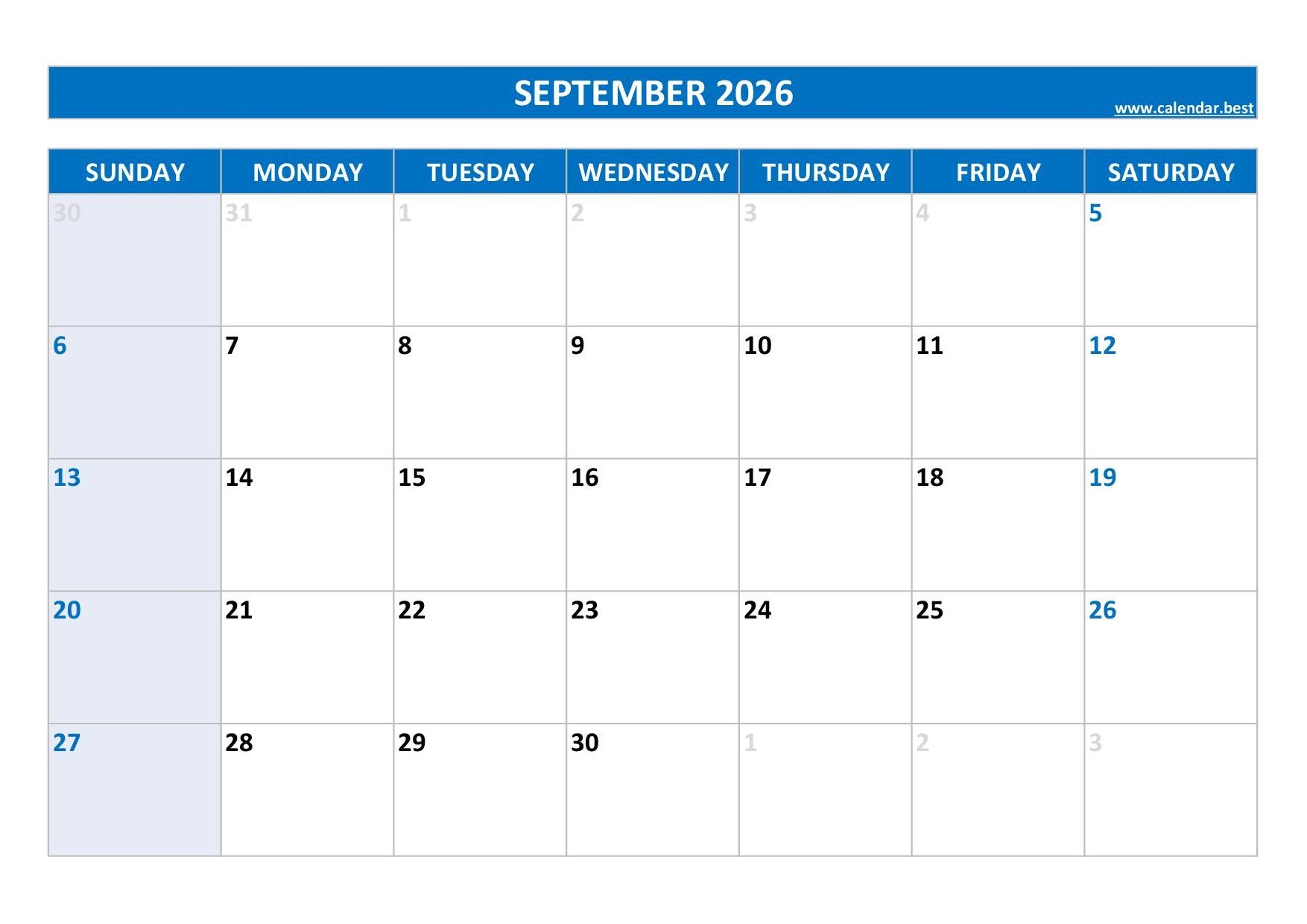 Blank September Calendar 2026 Printable