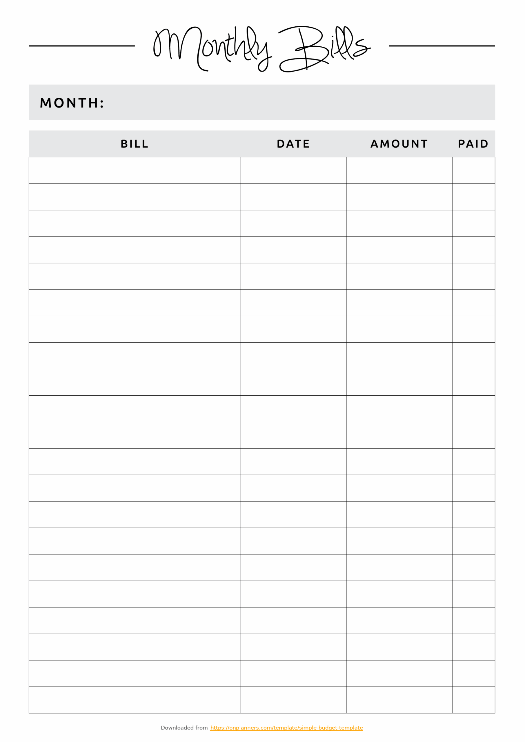 Simple Blank Monthly Budget Printable