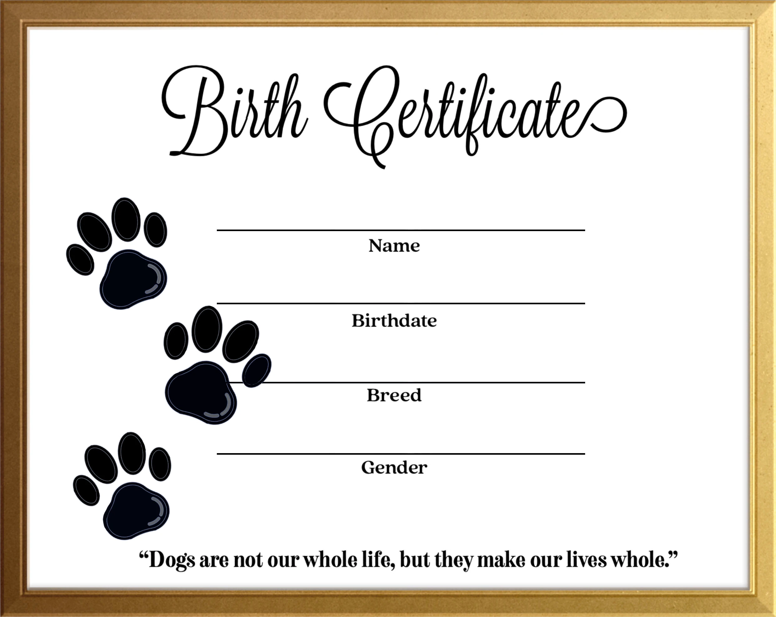Simple Dog Canine Birth Certificate Instant Download Printable 