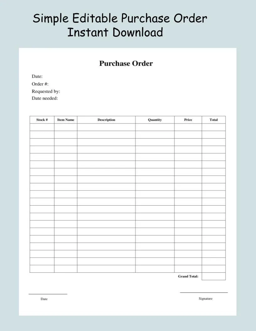 Simple Minimal Editable Purchase Order Form Template Downloadable 