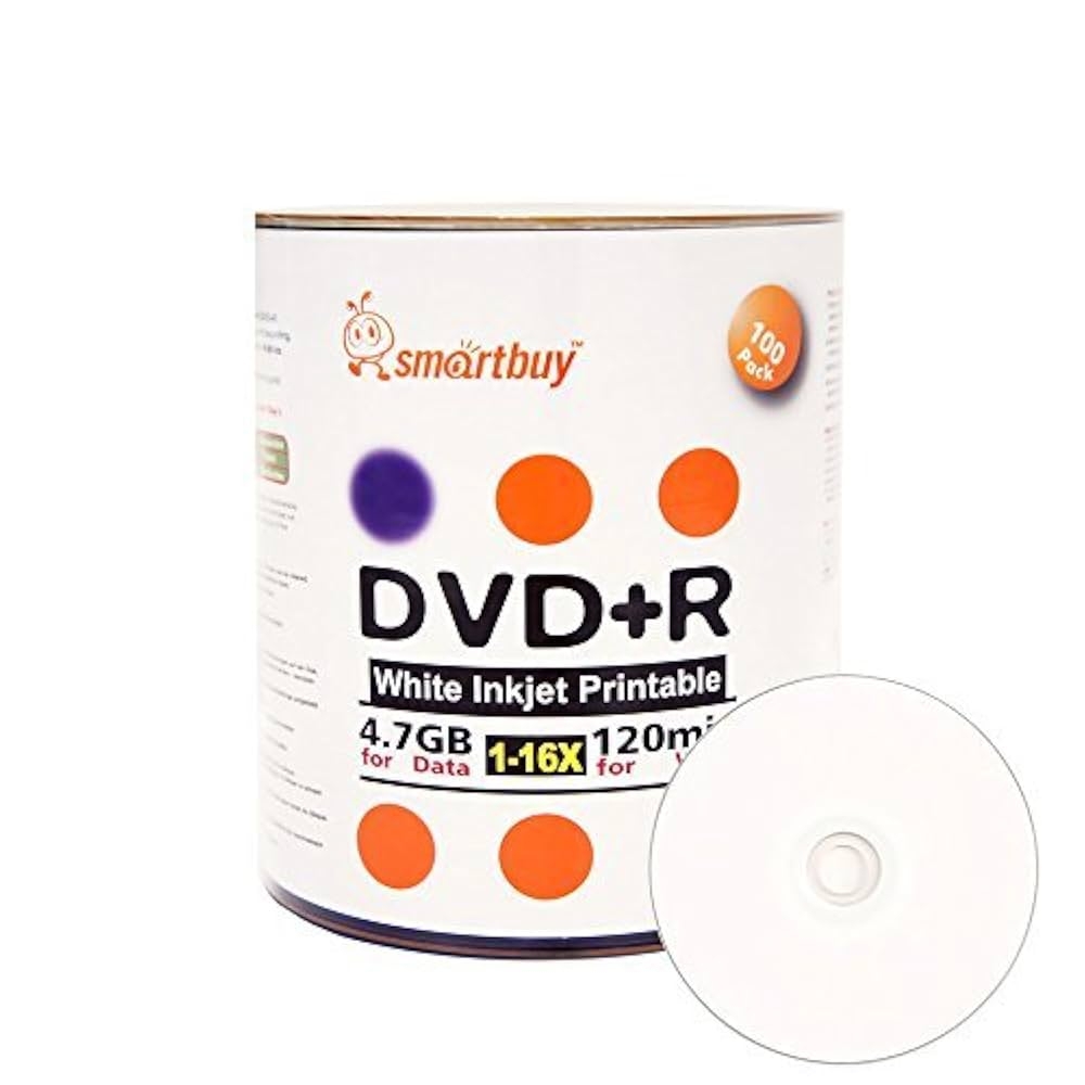 Smart Buy 100 Pack DVD R 4 7gb 16x White Printable Inkjet Blank 