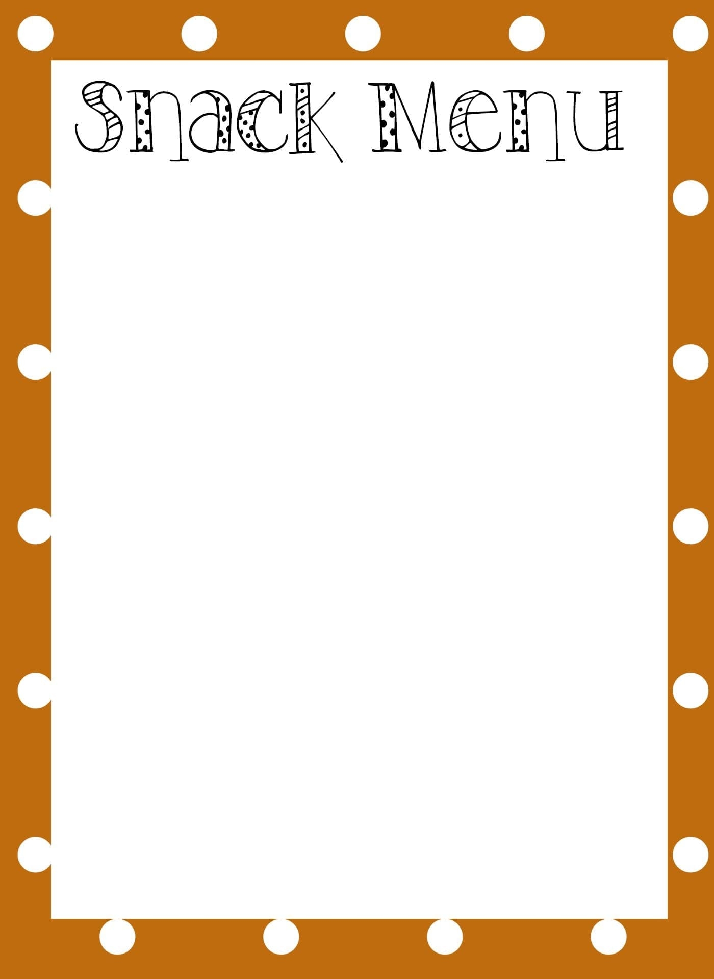 Snack Menu Printable