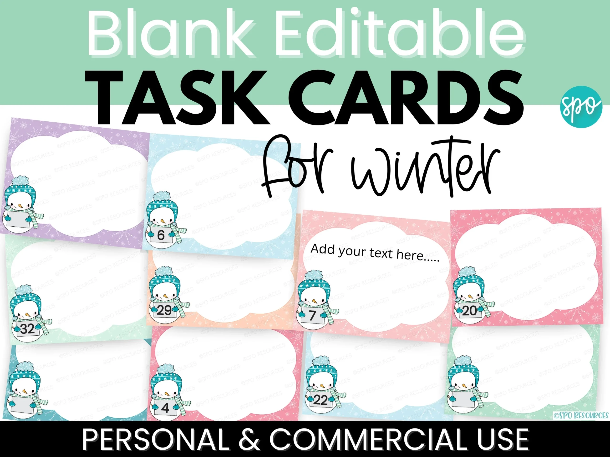 Snowman Editable Task Card Template Winter Task Cards Commercial 