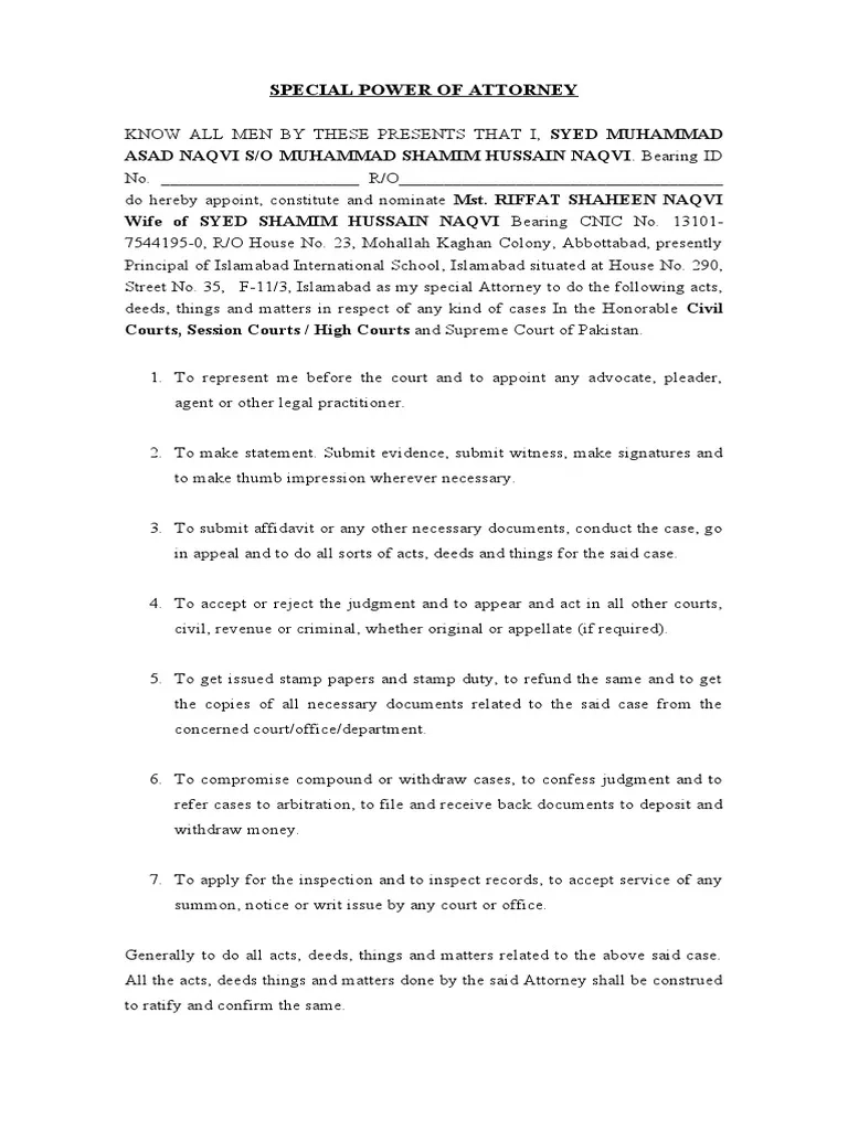Specimen Of Special Power Of Attorney PDF Power Of Attorney 