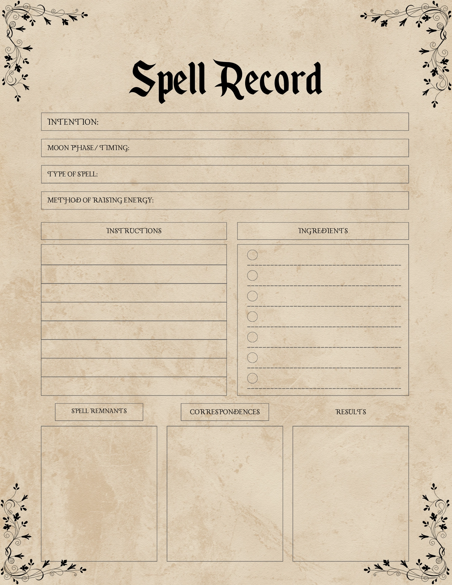 Spell Record Grimoire Page 1 FREE DOWNLOADABLE PDF
