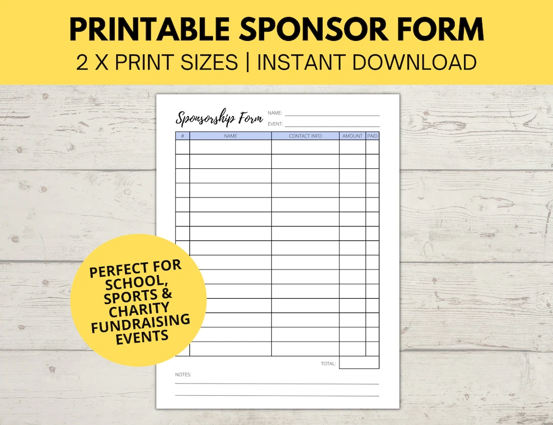 Sponsorship Form Printable Fundraiser Form Charity Fundraiser 