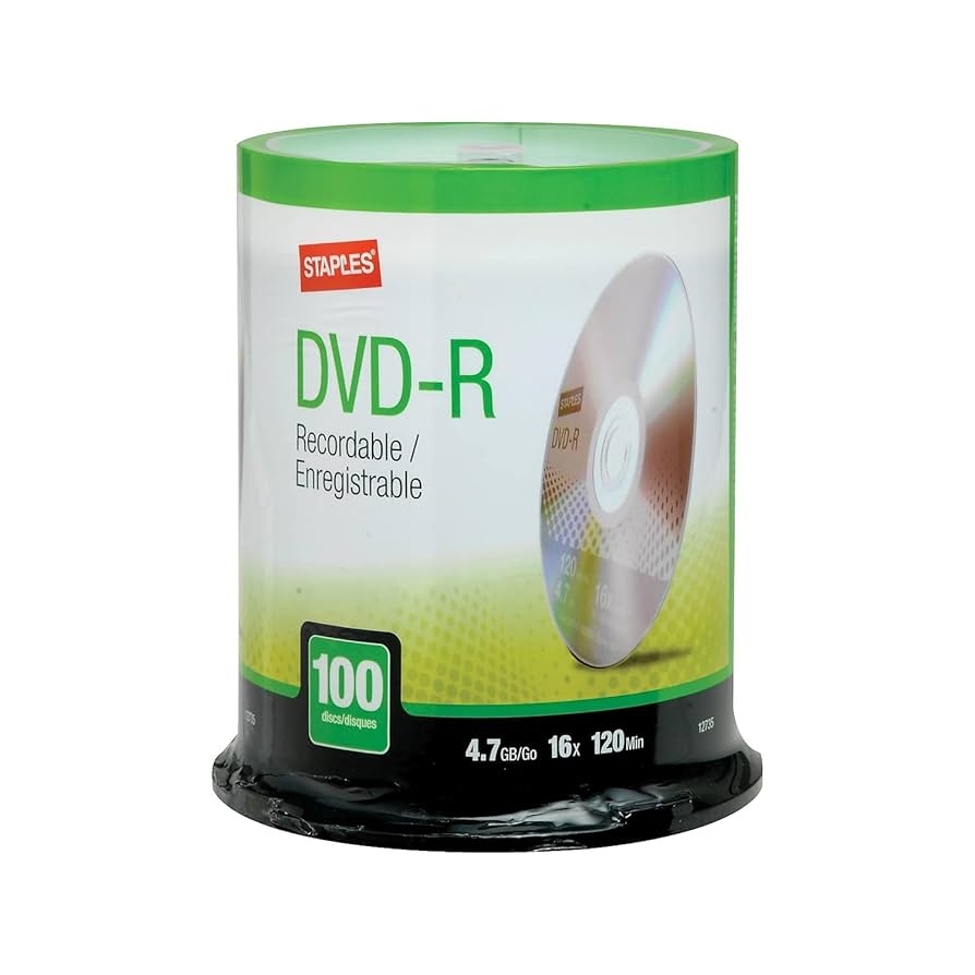 Staples Dvd r 4 7gb 120 Minutes 16x Speed 100 Recordable Disc 