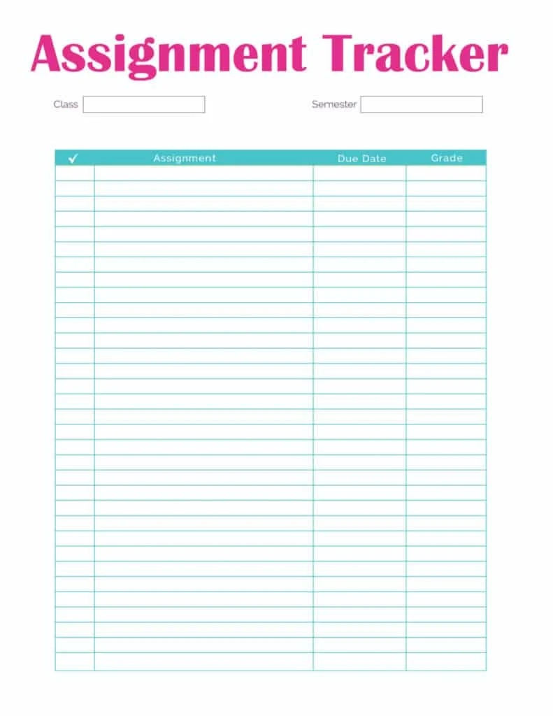 Student Assignment Tracker Template Printable