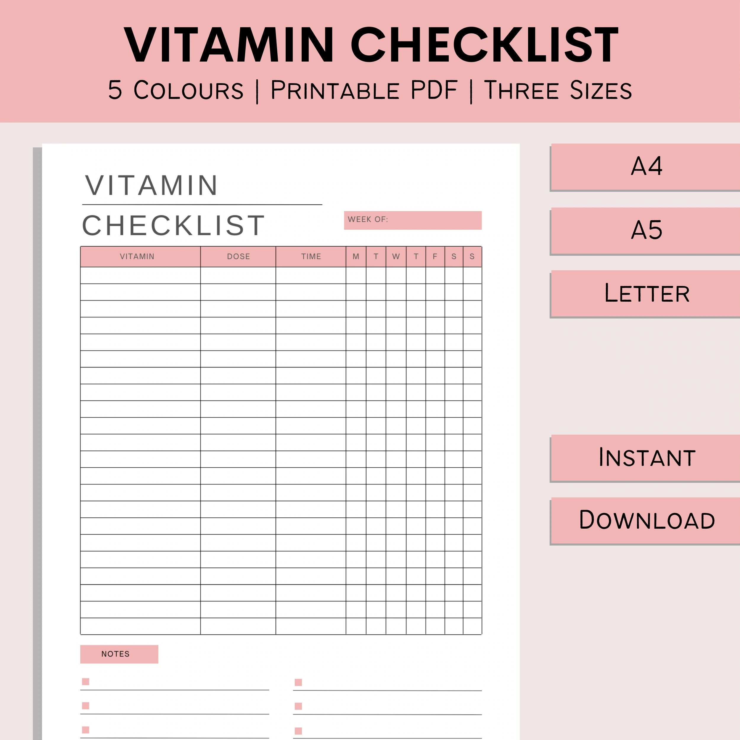 T gliche Vitamin Checkliste Wochenheft Tracker Medikation Log 